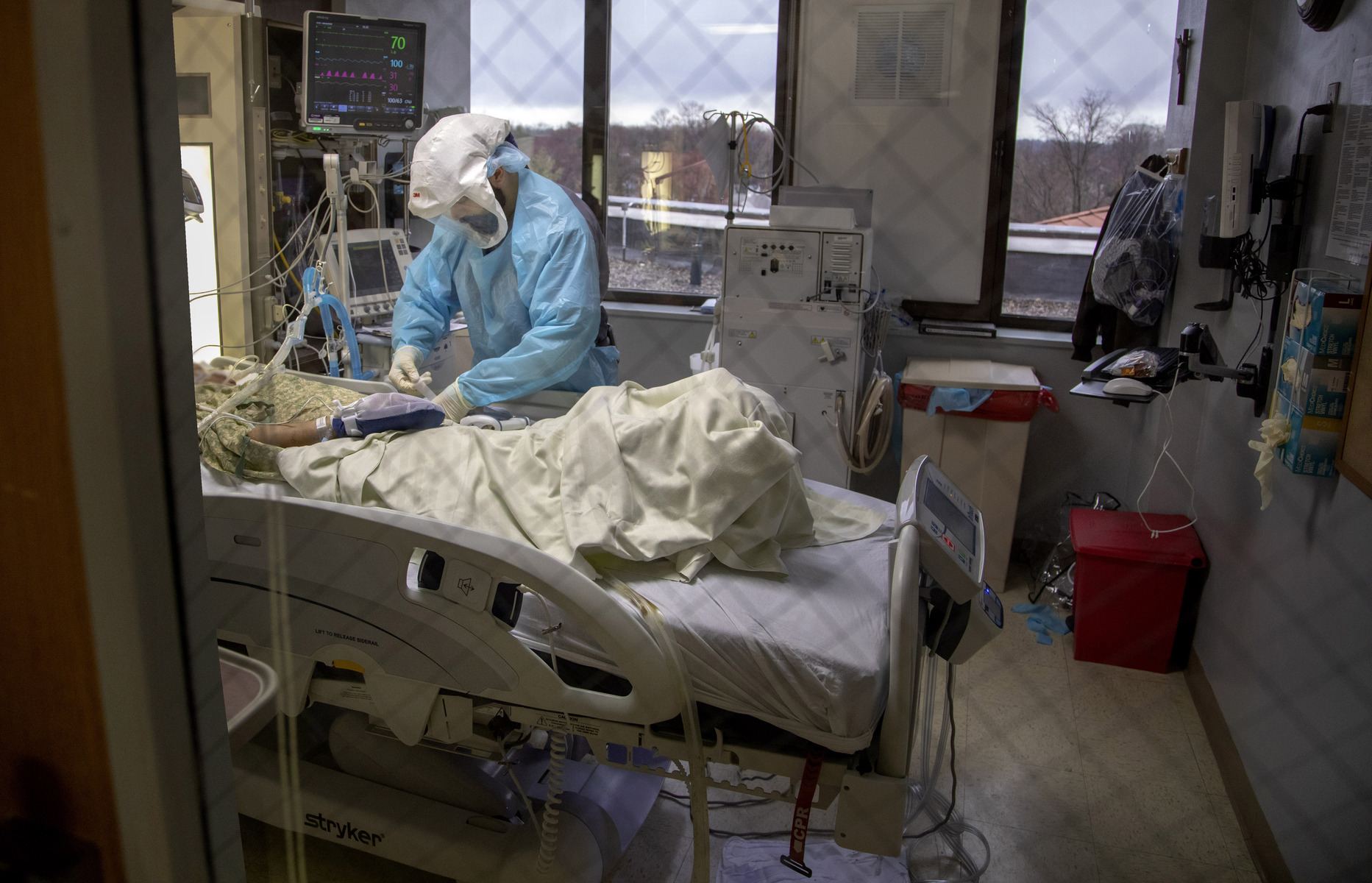 Ranvir Singh, RN in the  ICU inside Holy Name Medical Center in Teaneck, New Jersey, cares for a patient during the first few days of the COVID-19 Pandemic. 03/19/2020 Photos by Jeff Rhode
