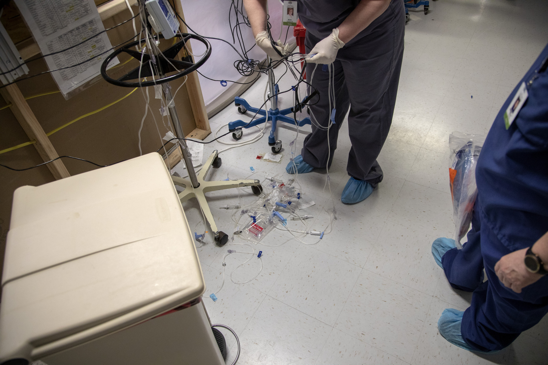 An IV pole following life saving measures  in the ICU during the COVID-19 pandemic. 4/23/2020 Photo by Jeff Rhode